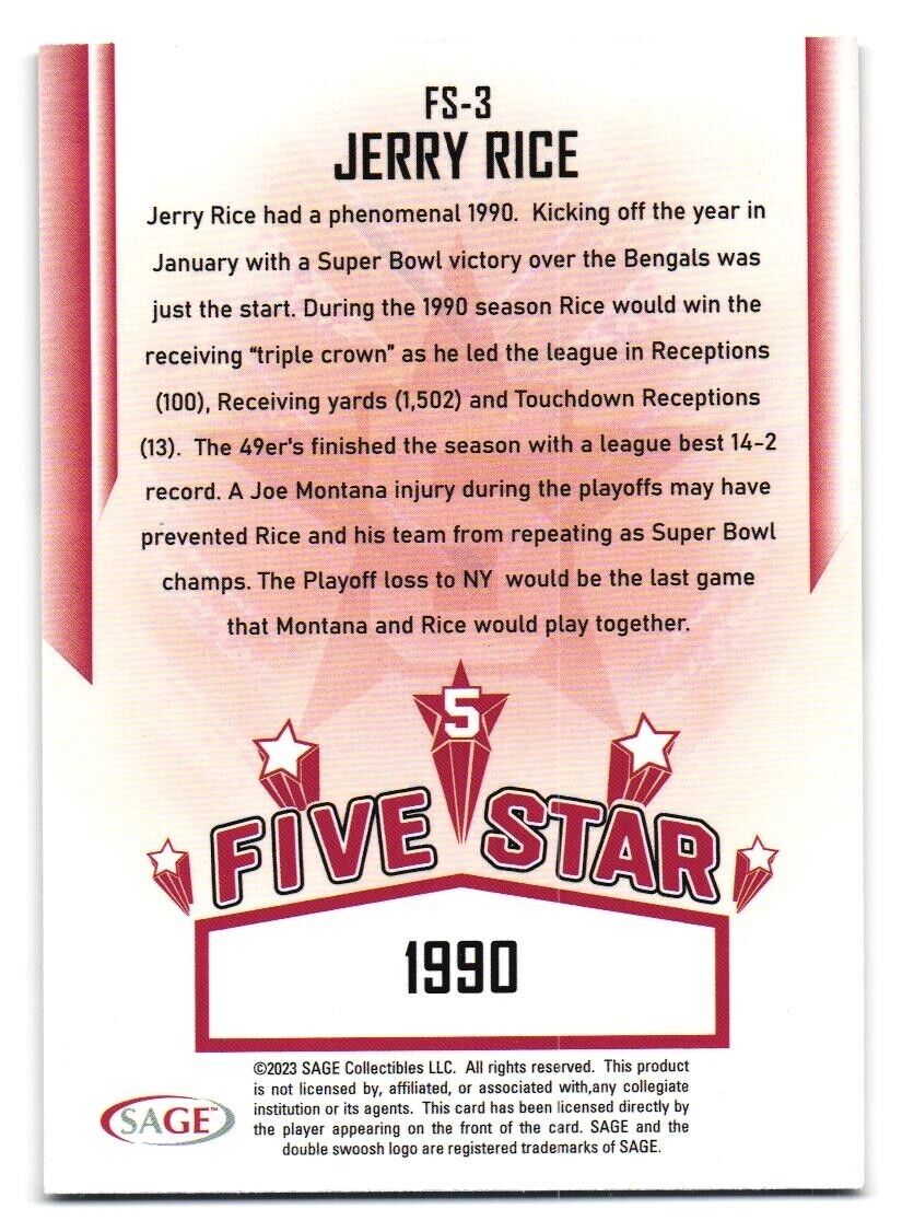 Jerry Rice 2023 Sage Five Star 1990 Series Mint Card #FS-3 | The ...