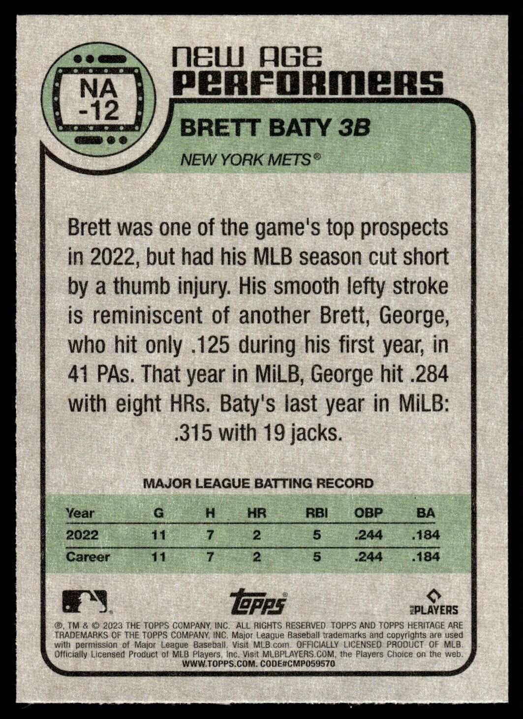 Brett Baty 2023 Topps Heritage New Age Performers Series Mint Card #NA-12