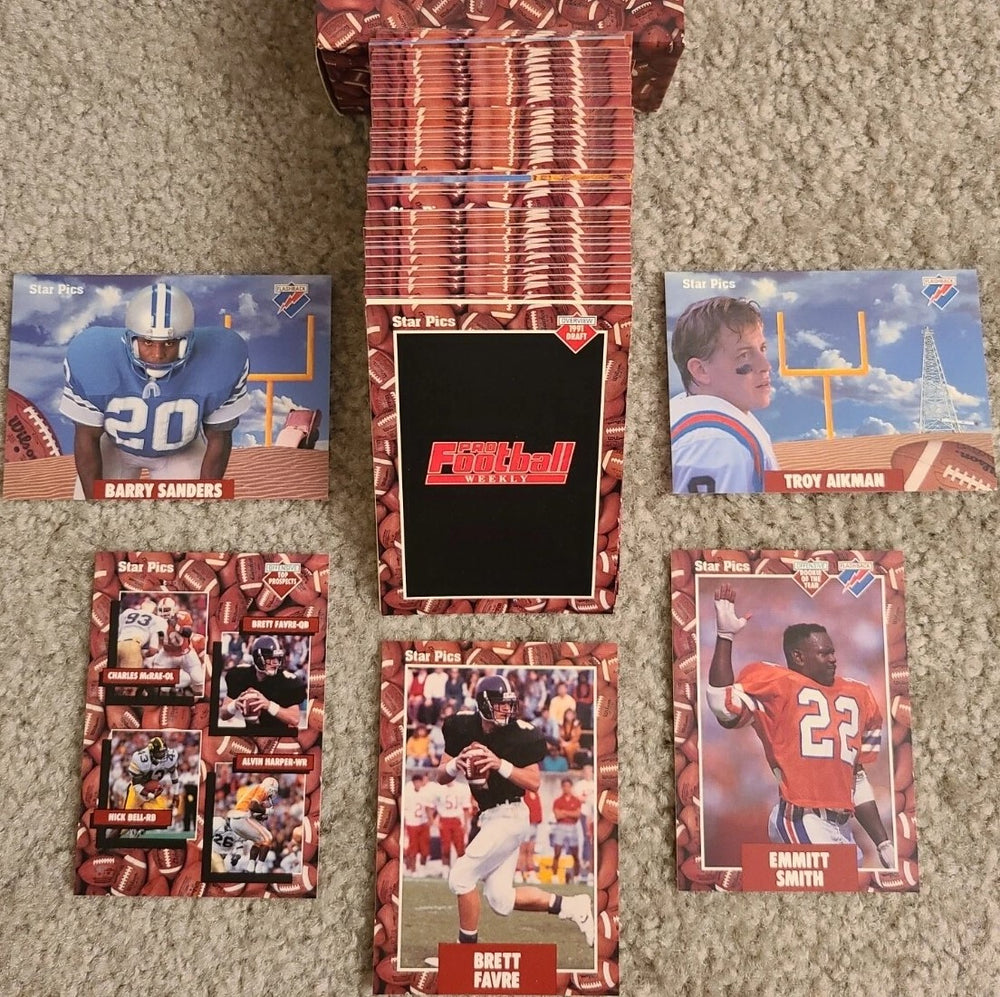 1991 Star Pics Pro Prospects NFL Football Factory Sealed Set featuring Brett Favre ookie year card and other Hall of Famers Emmitt Smith, Troy Aikman and Barry Sanders plus
