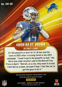 Amon-Ra St. Brown 2023 Panini Rookies and Stars High Octane Series Mint Insert Card #HM-AB Featuring an Authentic Blue Jersey Swatch #88/399 Made