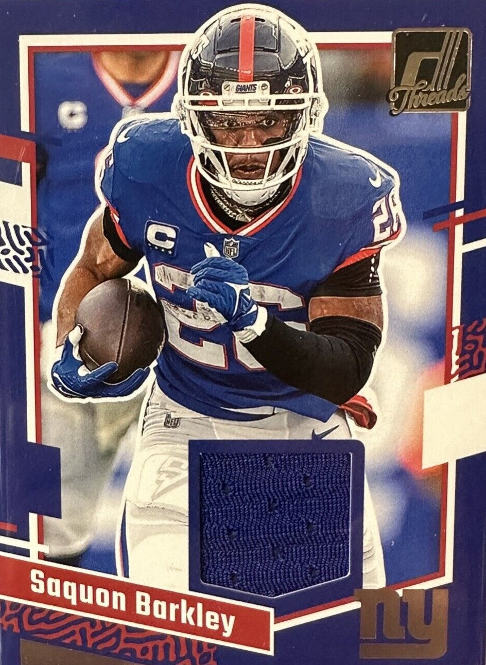 Saquon Barkley 2023 Panini Donruss Threads Series Mint Insert Card #DTH-SB Featuring an Authentic Dark Blue Jersey Swatch