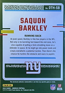 Saquon Barkley 2023 Panini Donruss Threads Series Mint Insert Card #DTH-SB Featuring an Authentic Dark Blue Jersey Swatch