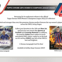 2022 2023 Topps Chrome UEFA Women's Champions League Soccer Collection Factory Sealed Blaster Box with 3 EXCLUSIVE AQUA PRISM Parallels Per Box