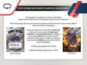 2022 2023 Topps Chrome UEFA Women's Champions League Soccer Collection Factory Sealed Blaster Box with 3 EXCLUSIVE AQUA PRISM Parallels Per Box