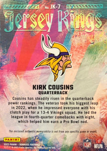 Kirk Cousins 2023 Panini Donruss Jersey Kings Series Mint Insert Card #JK-7 Featuring an Authentic Purple Jersey Swatch #3/399 Made