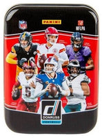 2025 DONRUSS Football  Holiday Tin with 3 Exclusive Press Proof Purple Cards and Chance for Rated Rookies Autographs Purple

