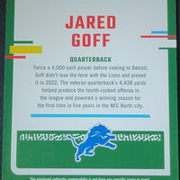 Jared Goff 2023 Panini Donruss Threads Series Mint Insert Card #DTH-JG Featuring an Authentic Blue Jersey Swatch