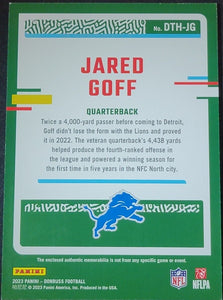 Jared Goff 2023 Panini Donruss Threads Series Mint Insert Card #DTH-JG Featuring an Authentic Blue Jersey Swatch