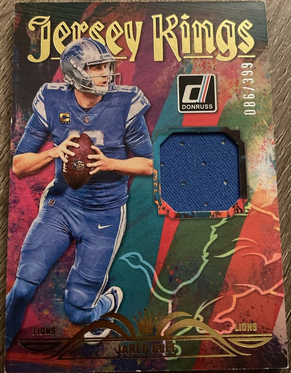 Jared Goff 2023 Panini Donruss Jersey Kings Series Mint Insert Card #JK-13 Featuring an Authentic Blue Jersey Swatch #86/399 Made