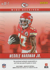 Mecole Hardman 2023 Panini Absolute Championship Fabric Series Mint Insert Card #CF-7 Featuring an Authentic Red Memorabilia Swatch