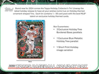 2024 Topps Baseball Holiday Tin Containing 59 Cards Including a Holiday Image Variation, Metallic Holiday Tree Parallels Plus Possible Rookie Cards, Relics and Autographs
