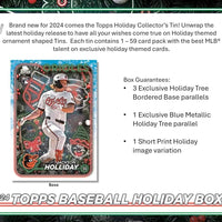 2024 Topps Baseball Holiday Tin Containing 59 Cards Including a Holiday Image Variation, Metallic Holiday Tree Parallels Plus Possible Rookie Cards, Relics and Autographs