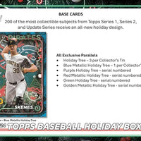 2024 Topps Baseball Holiday Tin Containing 59 Cards Including a Holiday Image Variation, Metallic Holiday Tree Parallels Plus Possible Rookie Cards, Relics and Autographs