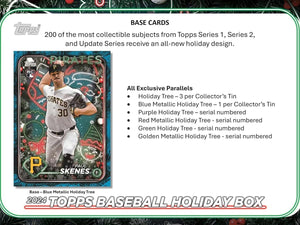 2024 Topps Baseball Holiday Tin Containing 59 Cards Including a Holiday Image Variation, Metallic Holiday Tree Parallels Plus Possible Rookie Cards, Relics and Autographs