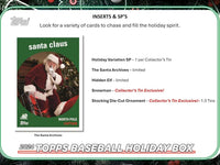 2024 Topps Baseball Holiday Tin Containing 59 Cards Including a Holiday Image Variation, Metallic Holiday Tree Parallels Plus Possible Rookie Cards, Relics and Autographs
