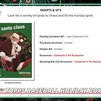 2024 Topps Baseball Holiday Tin Containing 59 Cards Including a Holiday Image Variation, Metallic Holiday Tree Parallels Plus Possible Rookie Cards, Relics and Autographs