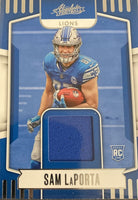 Sam LaPorta 2023 Panini Absolute Memorabilia Series Mint Rookie Card #ARM-12 Featuring an Authentic Blue Jersey Swatch
