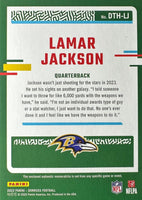 Lamar Jackson 2023 Panini Donruss Threads Series Mint Insert Card #DTH-LJ Featuring an Authentic Purple Jersey Swatch

