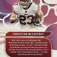 Christian McCaffrey 2023 Panini Donruss Elite Moxie Series Mint Insert Card #26 Featuring an Authentic Black Jersey Swatch #121/375