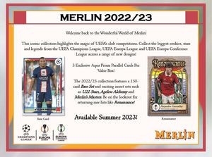 2022 2023 Topps MERLIN UEFA Champions League Soccer Collection Factory Sealed Blaster Box with 3 EXCLUSIVE AQUA PRISM Parallel Cards Per Box