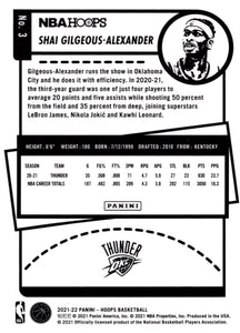 Shai Gilgeous-Alexander 2021 2022 Panini Hoops Basketball Series Mint 4th Year Card #3