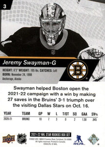 Jeremy Swayman 2021 2022 Upper Deck NHL Star Rookies Box Set Card #3