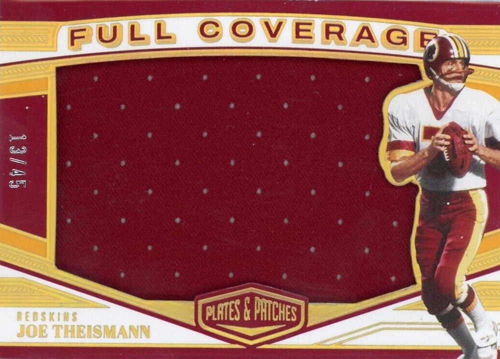Joe Theismann 2023 Panini Plates and Patches Full Coverage Series RARE Mint Insert Card #FC-46 Featuring a HUGE Authentic Red Jersey Swatch #13 of only 45 Made