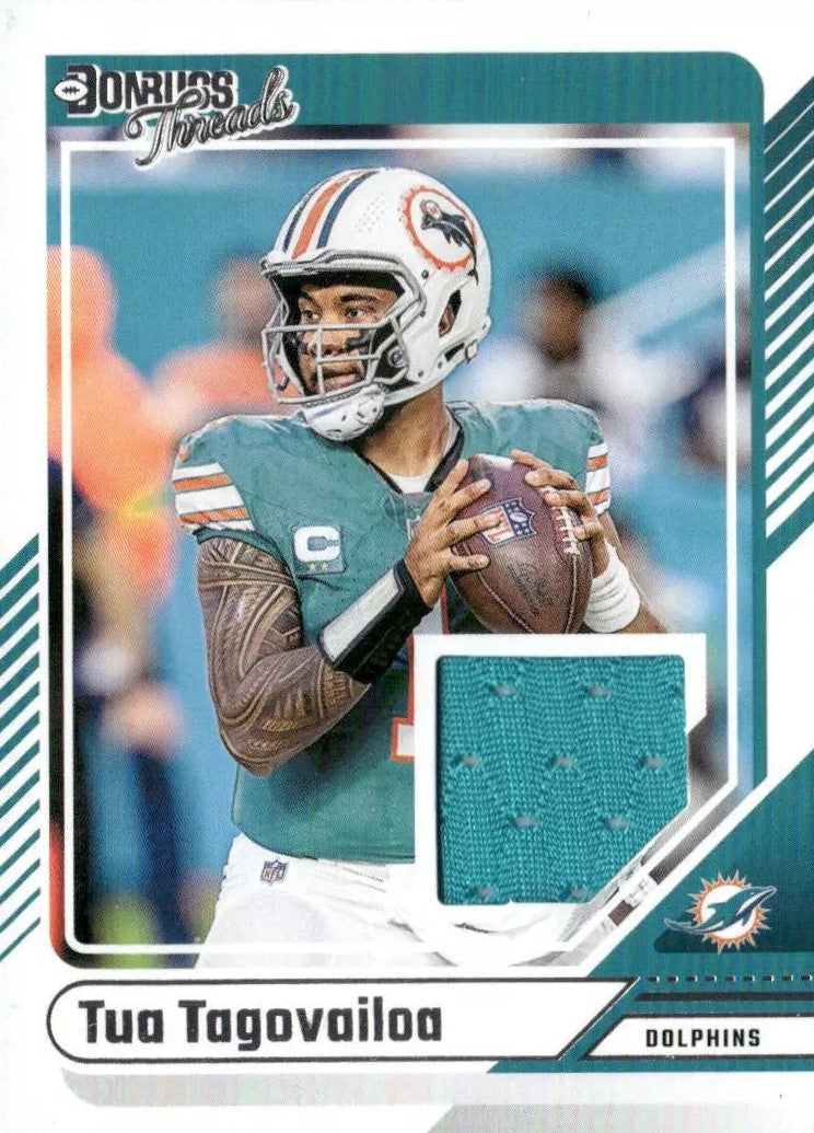 Tua Tagovailoa 2024 Panini Donruss Threads Series Mint Insert Card #DTH-TTA Featuring an Authentic Green Jersey Swatch