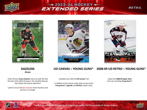 2023 2024 Upper Deck Hockey EXTENDED Series Blaster Box with Chance for Connor Bedard Rookie Year Inserts Plus Young Guns Rookie Cards of Logan Cooley and Adam Fantilli Plus