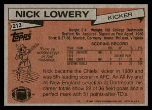 Nick Lowery 1981 Topps Series Mint Rookie Card #213