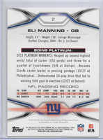 Eli Manning 2014 Topps Platinum Series Mint Card #2
