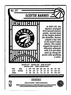 Scottie Barnes 2022 2023 Panini Hoops Purple Series Mint Card #37