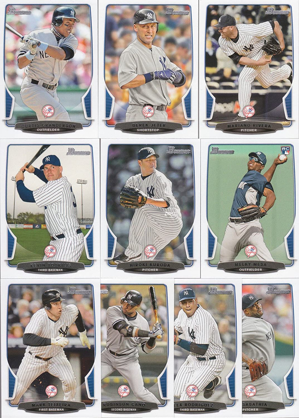 New York Yankees 2013 Bowman 10 Card Team Set with Derek Jeter, Mariano Rivera, Robinson Cano+
