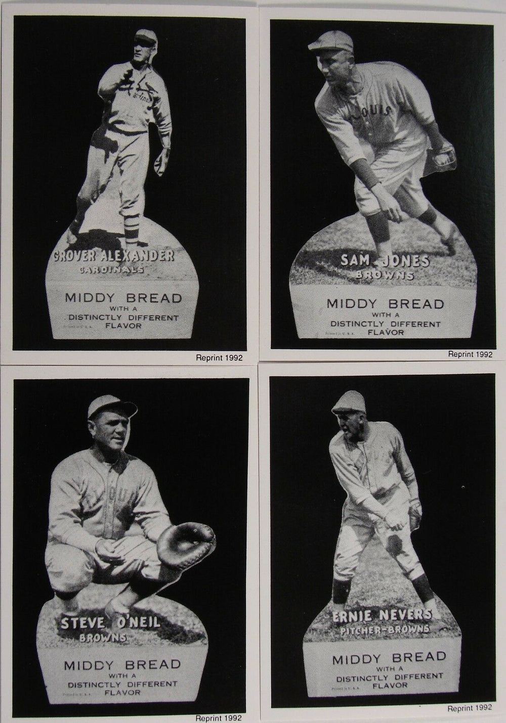 1927 Middy Bread Series Reprint Set containing 21 players each from the St. Louis Browns and Cardinals.