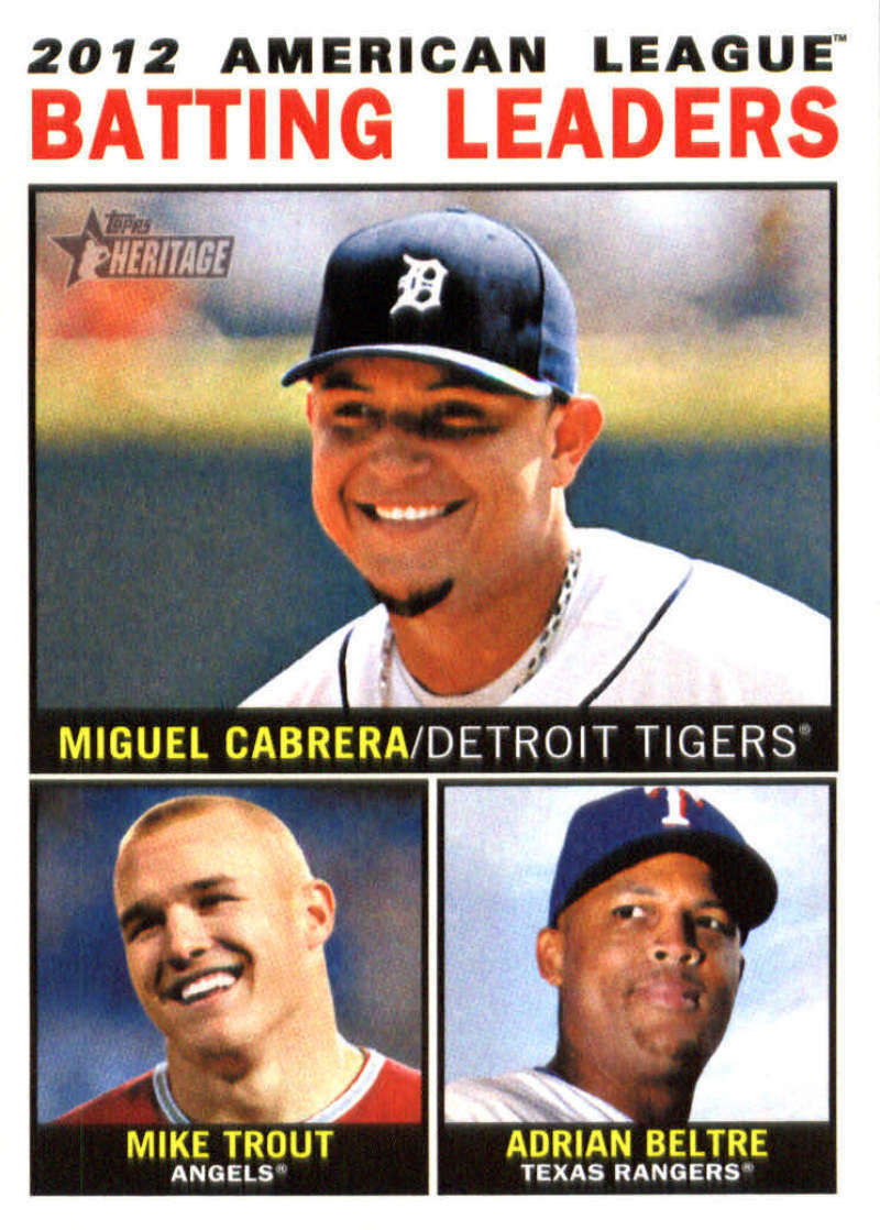 Mike Trout 2013 Topps Heritage Batting Leaders with Miguel Cabrera and Adrian Beltre Series Mint Card #8