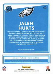 Jalen Hurts 2020 Donruss Football Mint Rated Rookie Card #314