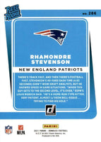 Rhamondre Stevenson 2021 Donruss Mint Rated Rookie Card #286 picturing Him in his Blue New England Patriots Jersey
