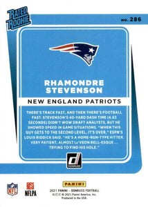 Rhamondre Stevenson 2021 Donruss Mint Rated Rookie Card #286 picturing Him in his Blue New England Patriots Jersey