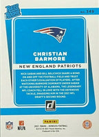 Christian Barmore 2021 Donruss Rated Rookies Series Mint Card #349 picturing Him in his Blue New England Patriots Jersey
