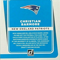 Christian Barmore 2021 Donruss Rated Rookies Series Mint Card #349 picturing Him in his Blue New England Patriots Jersey