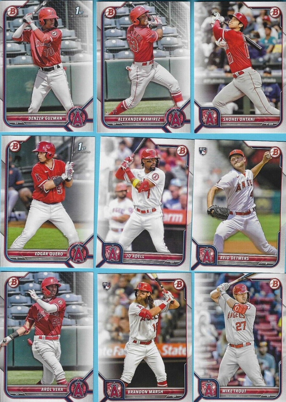 Los Angeles Angels 2022 Bowman (made by Topps) Series 9 Card Team Set with Shohei Ohtani and Mike Trout Plus