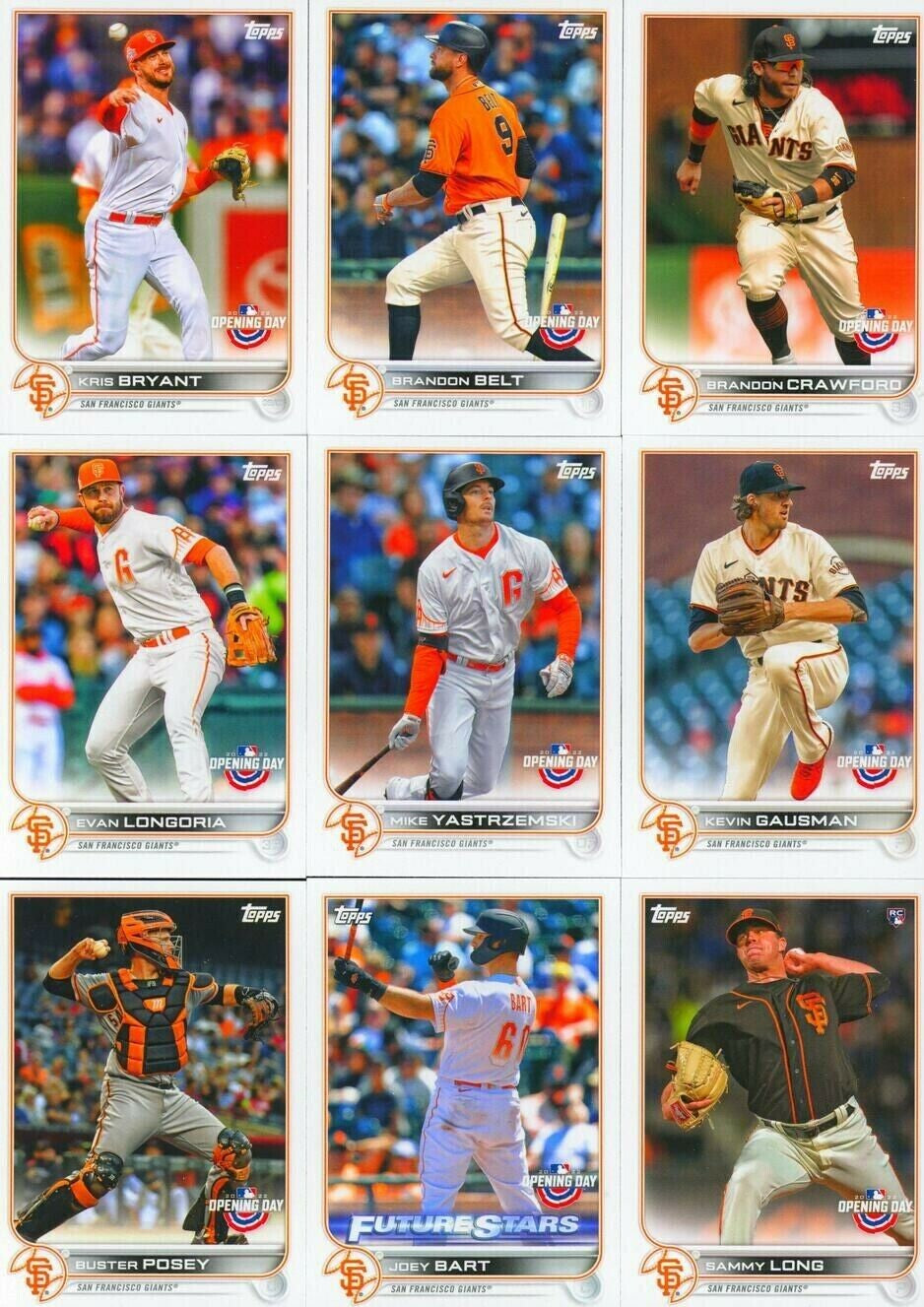 San Francisco Giants 2022 Topps Opening Day 9 Card Team Set with Buster Posey Plus