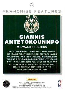 Giannis Antetokounmpo 2022 2023 Panini Donruss Franchise Features Series Mint Insert Card #10