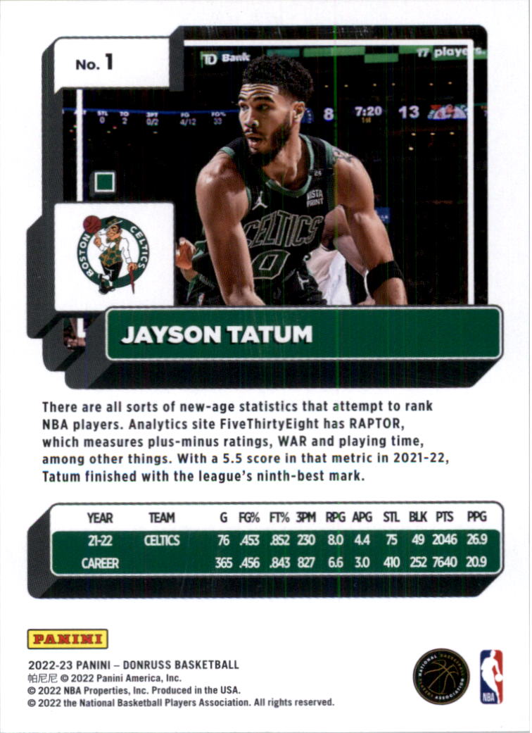 Jayson Tatum 2022 2023 Panini Donruss Series Mint Card #1 | The ...