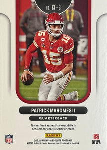 Patrick Mahomes 2022 Panini Absolute Championship Fabric Series Mint Insert Card #CF-3 Featuring an Authentic Red Memorabilia