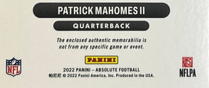 Patrick Mahomes 2022 Panini Absolute Championship Fabric Series Mint Insert Card #CF-3 Featuring an Authentic Red Memorabilia