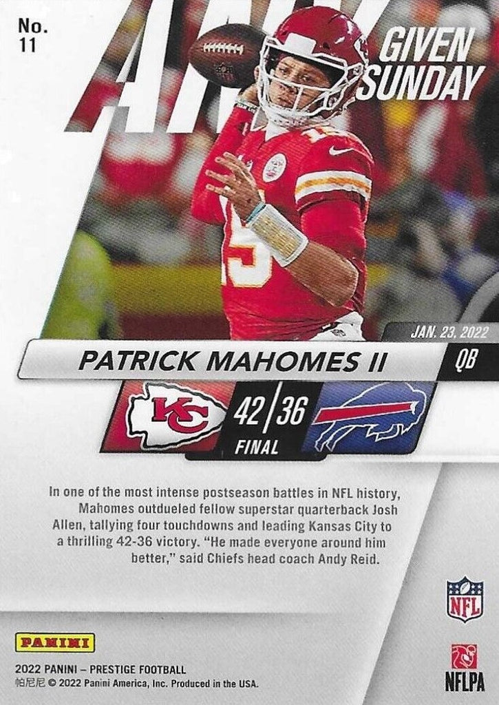 Patrick Mahomes 2022 Panini Prestige Any Given Sunday #11 Kansas City  Chiefs