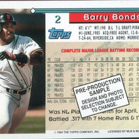 Barry Bonds 1994 Topps Pre-Production Promotional Sample Series Mint Card #2