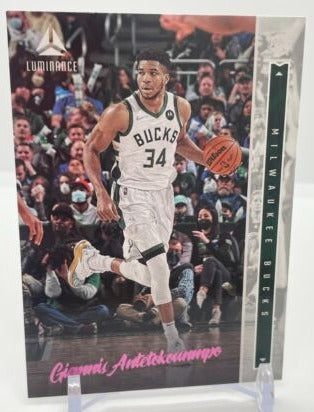 Giannis Antetokounmpo 2021 2022 Panini Chronicles Luminance Pink Parallel Series Mint Card #265