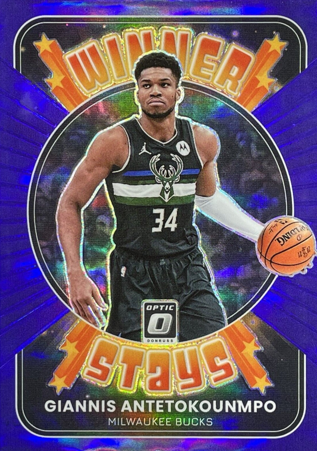 Giannis Antetokounmpo 2021 2022 Donruss Optic Winner Stays Purple Prizm  Series Mint Card #1